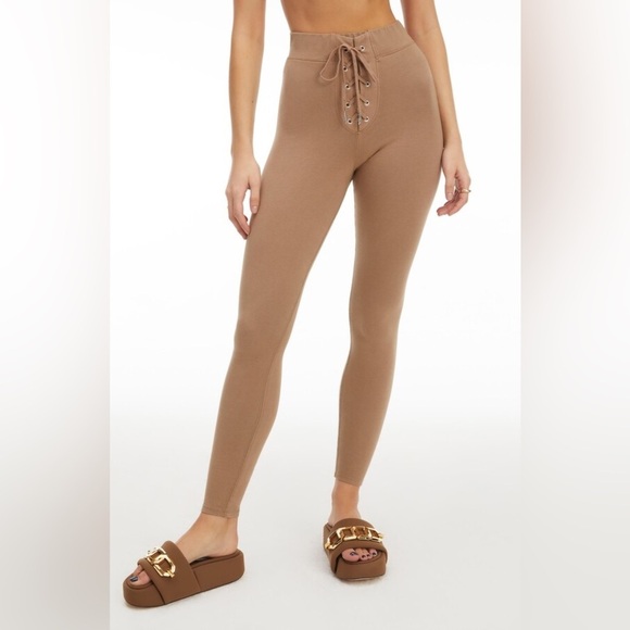 Good American Pants - GOOD AMERICAN Essential Bombshell lace-up stretch-cotton leggings taupe size 4
